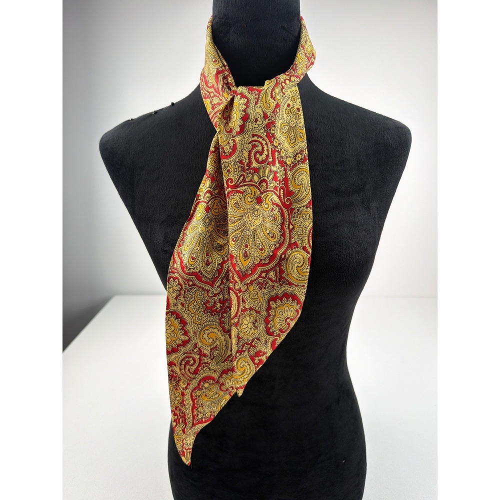 Vintage Silk Twill Scarf Red Gold Paisley 60s 70s Mod Necktie Handbag Headscarf